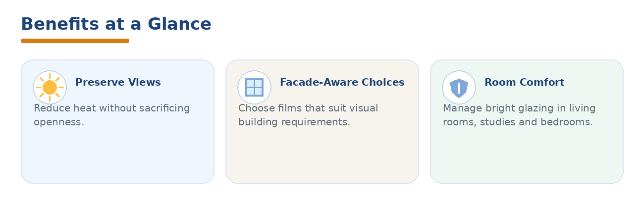 Benefits of condo window film for preserving views, facade appearance and room comfort